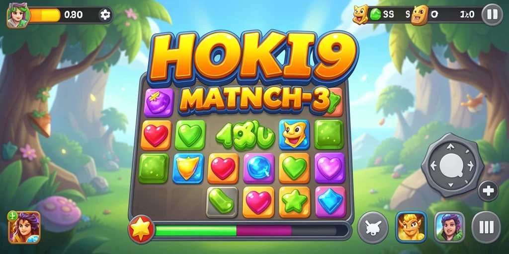 Screenshot HOKI9 menampilkan gameplay Match-3 yang seru dan penuh warna.