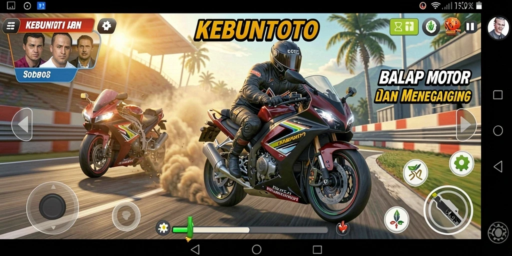 Tampilan gameplay seru dalam KEBUNTOTO dengan aksi balap motor.