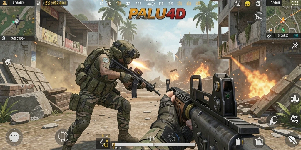 Tangkapan layar gameplay PALU4D yang penuh aksi dalam misi FPS.